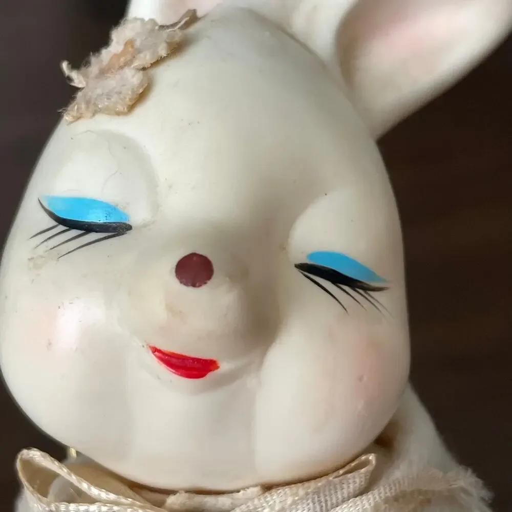 Vintage Knee Hugger Bunny Rabbit Celluloid Pink Felt Japan Easter Decor FLAW